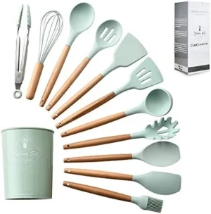 ComCreate Silicone Cooking Kitchen 11PCS Wooden Utensils Tool for Nonstick