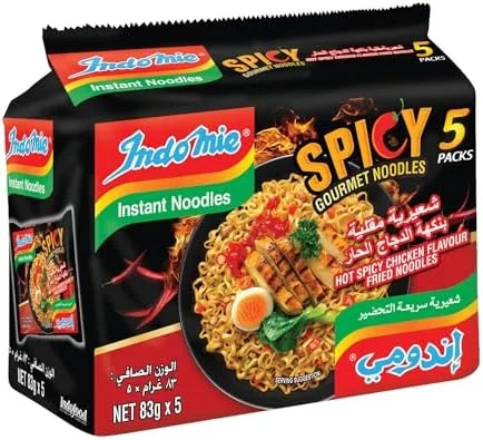 Indomie Hot Spicy Chicken Fried Gourmet Noodles, Halal Certified – 5 Packs Each 83g